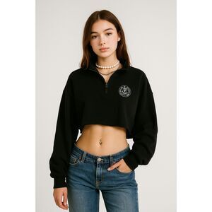 YOUNGLA Black Crop Gym Sports Pullover Hoodie Top  Women's Size Small
